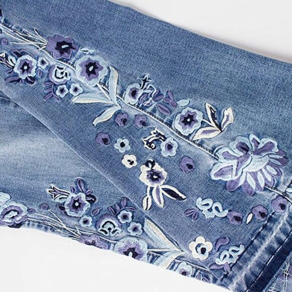 Blue Floral Embroidered Patch High Waisted Flare Bell Bottom Denim Jeans Y2K - Picture 7 of 9